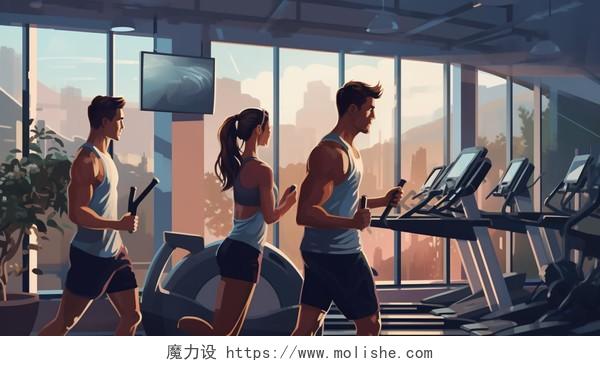 卡通手绘健身节插画健身房多人锻炼健身器材室内场景插画海报人物插画健身锻炼运动体育